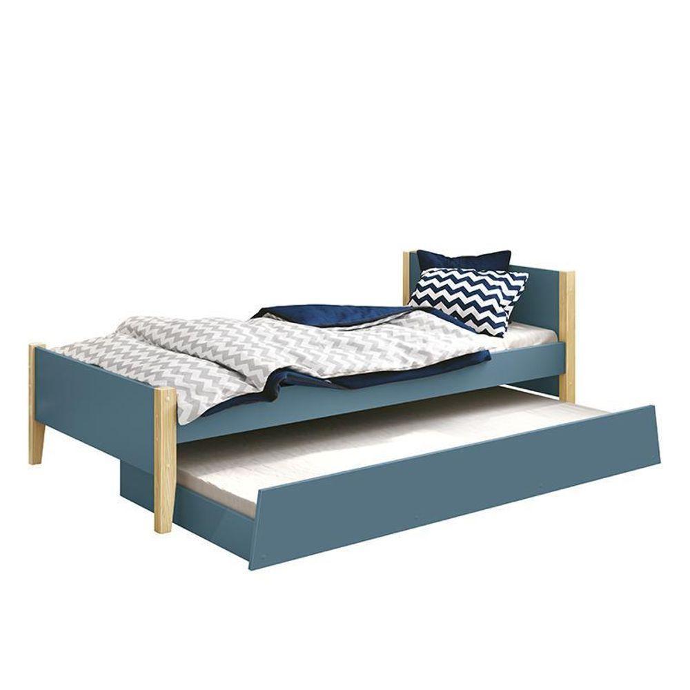 Bicama Solteiro Simba Azul Fosco Com Pés Madeira Natural E Colchões D20 E D33 Reller Móveis - 1