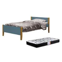 Cama Solteiro Simba Azul Fosco Com Pés Amadeirado E Colchão D33 Reller Móveis - 1