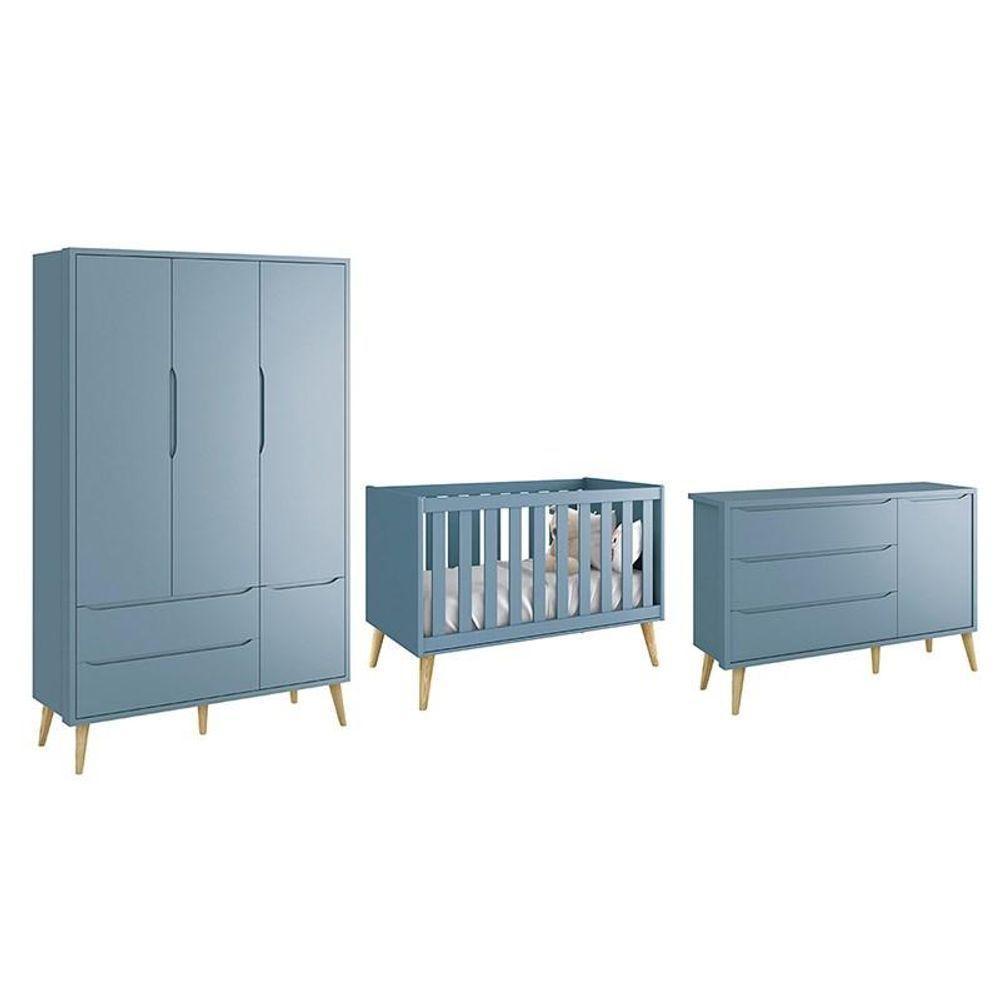 Dormitório Theo 3 Portas Azul Com Pés Madeira Natural Reller Móveis - 1