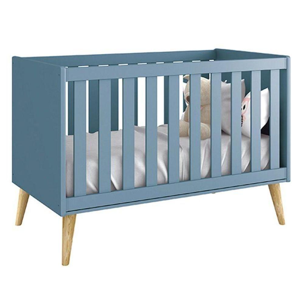 Dormitório Theo 3 Portas Azul Com Pés Madeira Natural E Colchão D18 Branco Reller Móveis - 4