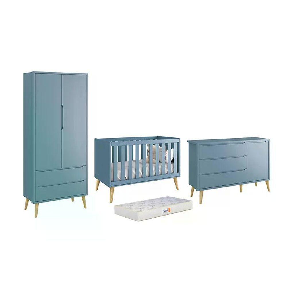 Dormitório Theo 2 Portas, Cômoda Com Porta Azul Com Pés Madeira Natural E Colchão D18 Reller Móveis - 1