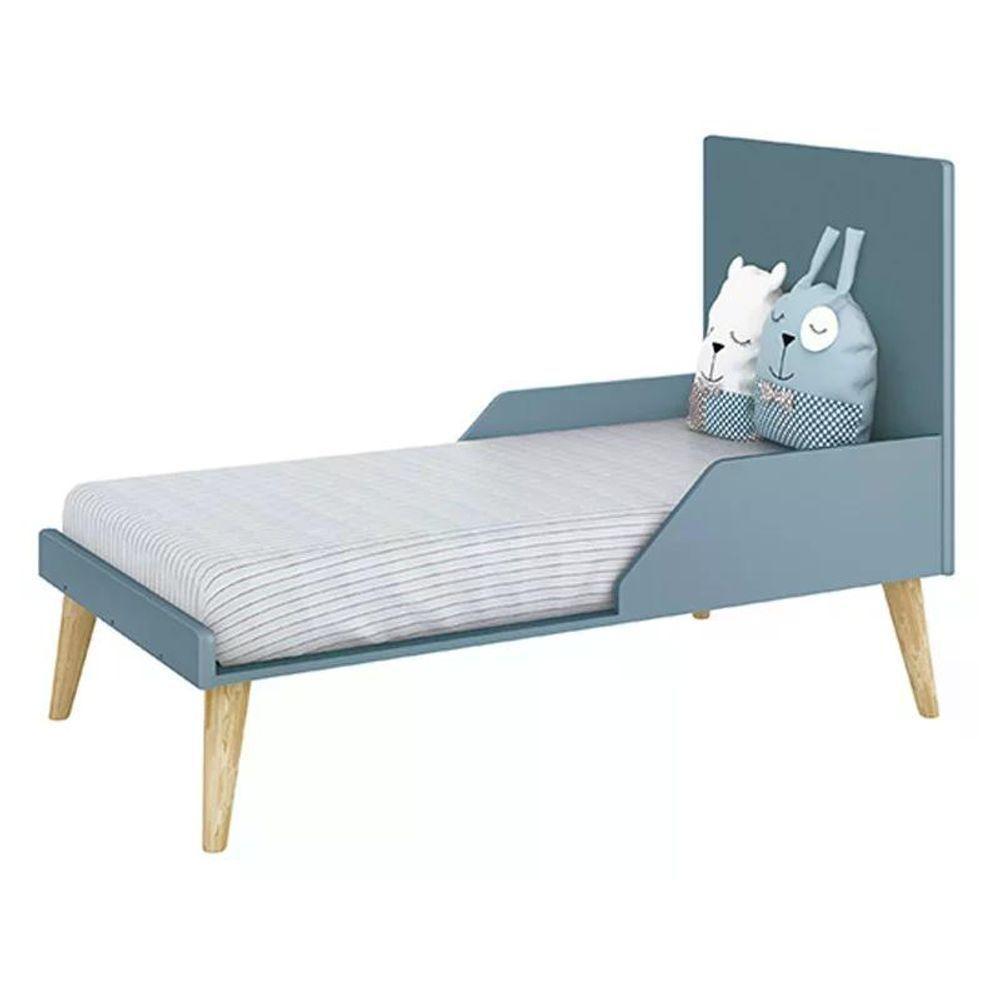 Dormitório Theo 2 Portas, Cômoda Com Porta Azul Com Pés Madeira Natural E Colchão D18 Reller Móveis - 5