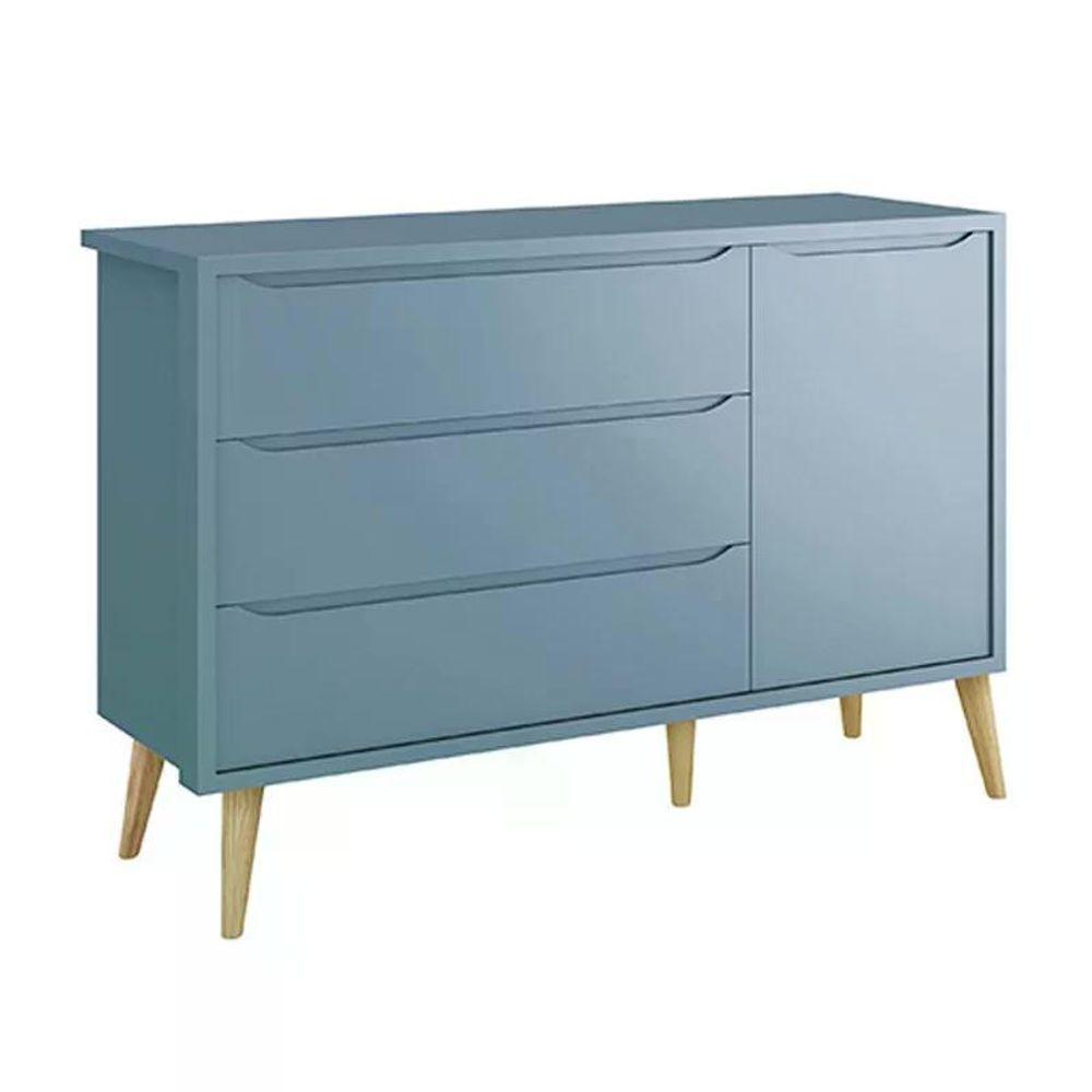 Dormitório Theo 2 Portas, Cômoda Com Porta Azul Com Pés Madeira Natural E Colchão D18 Reller Móveis - 7