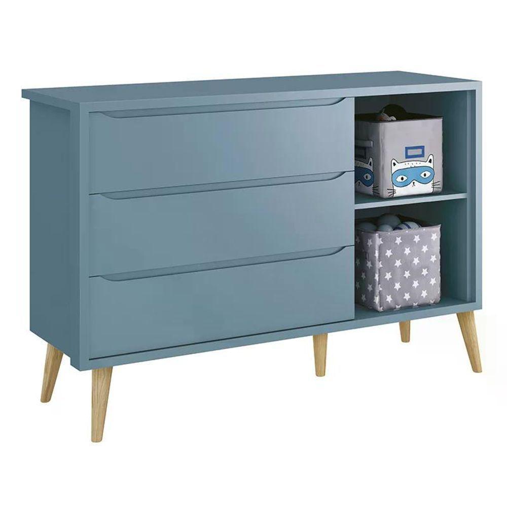 Dormitório Theo 2 Portas, Cômoda Com Porta Azul Com Pés Madeira Natural E Colchão D18 Reller Móveis - 8