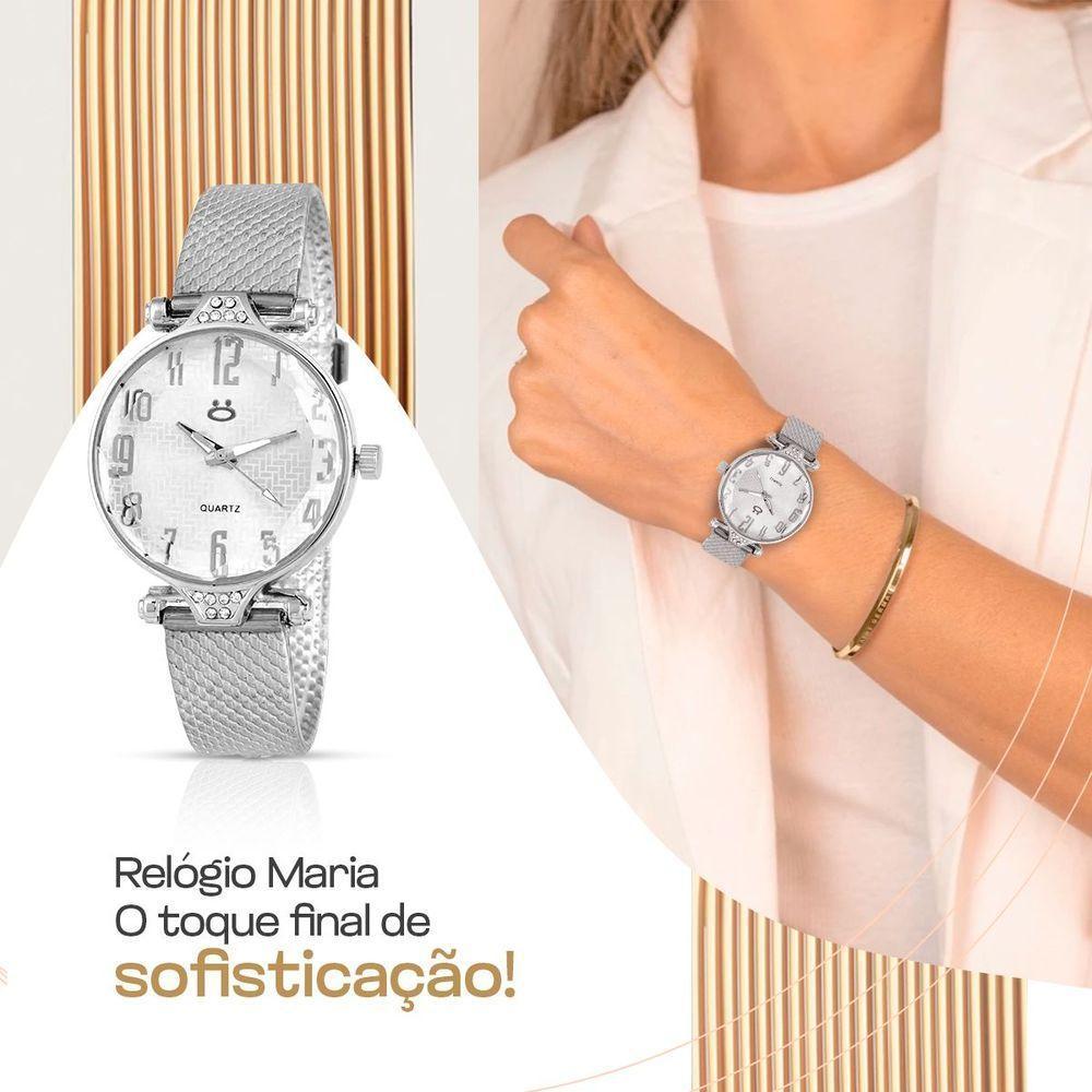 Relogio Aço Prata Feminino Colar Brinco Coração Caixa - 5