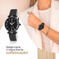 Relogio Aço Preto Feminino Brincos Colar Coração Caixa - 5