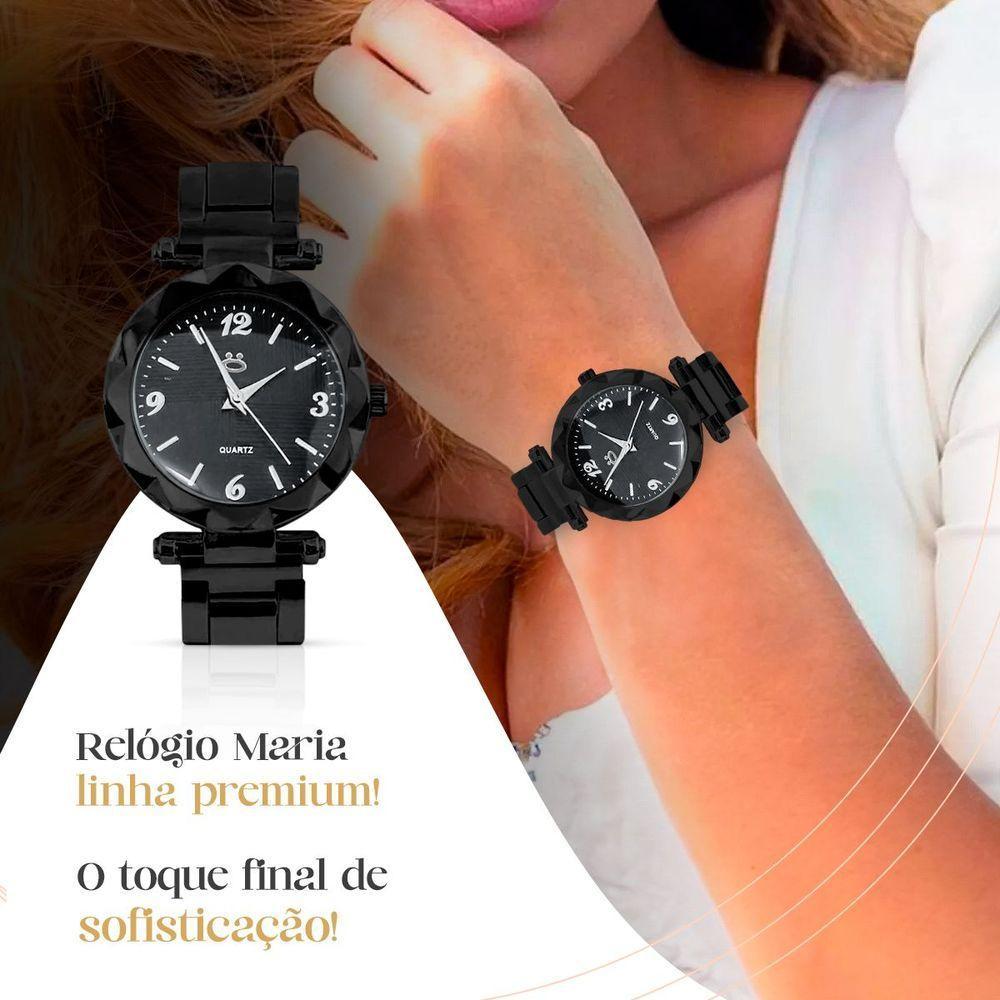 Relogio Feminino Preto Aço Caixa Brincos Presente Social - 2