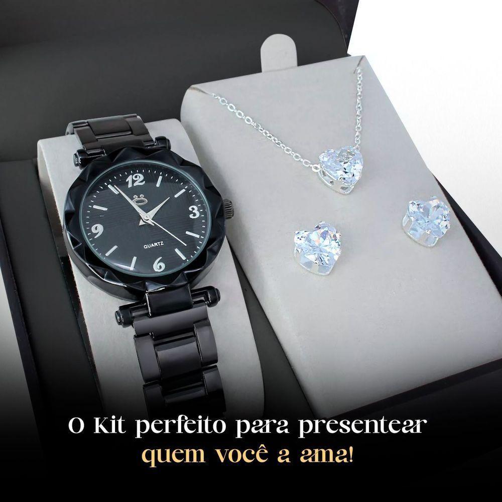 Relogio Feminino Preto Aço Caixa Brincos Presente Social - 4
