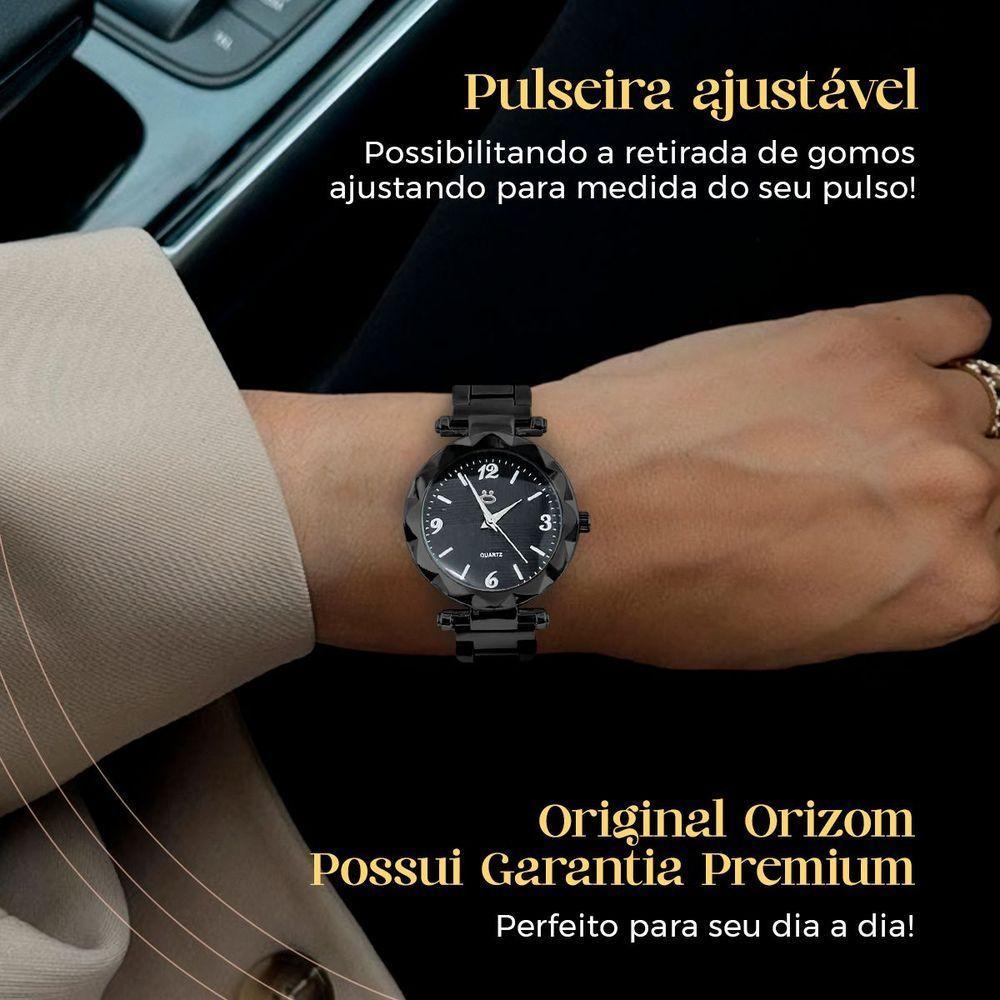 Relogio Feminino Preto Aço Caixa Brincos Presente Social - 7