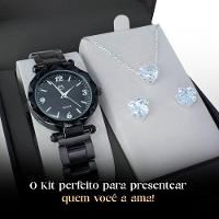 Relogio Feminino Preto Aço Caixa Brincos Presente Social