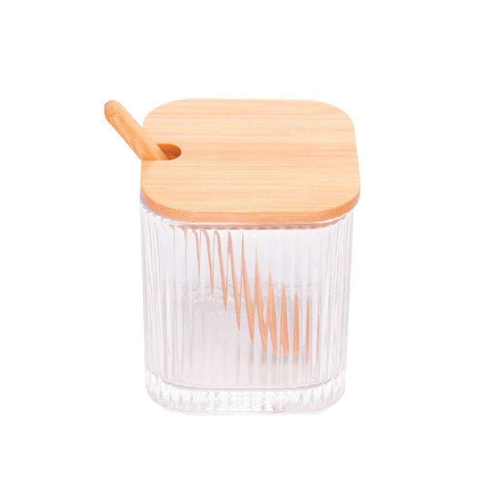 Porta Tempero De Vidro Canelado Com Colher E Tampa De Bambu - 1