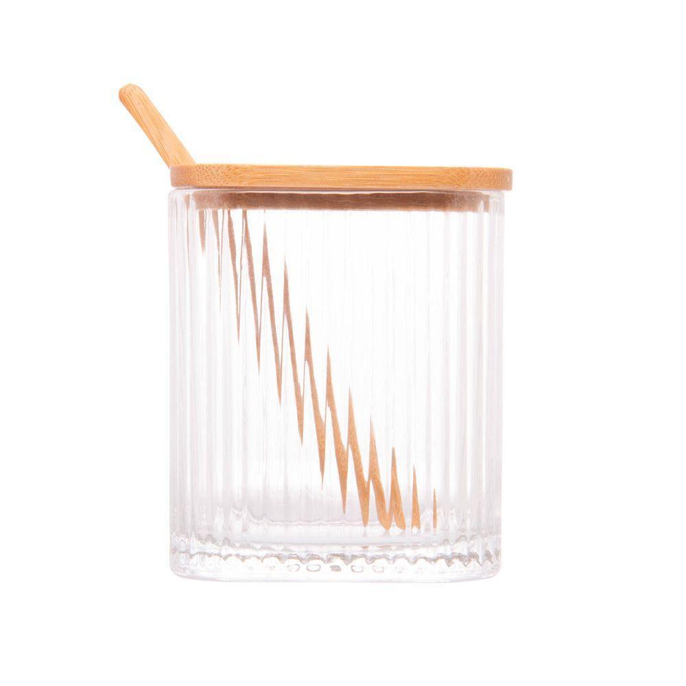 Porta Tempero De Vidro Canelado Com Colher E Tampa De Bambu - 4