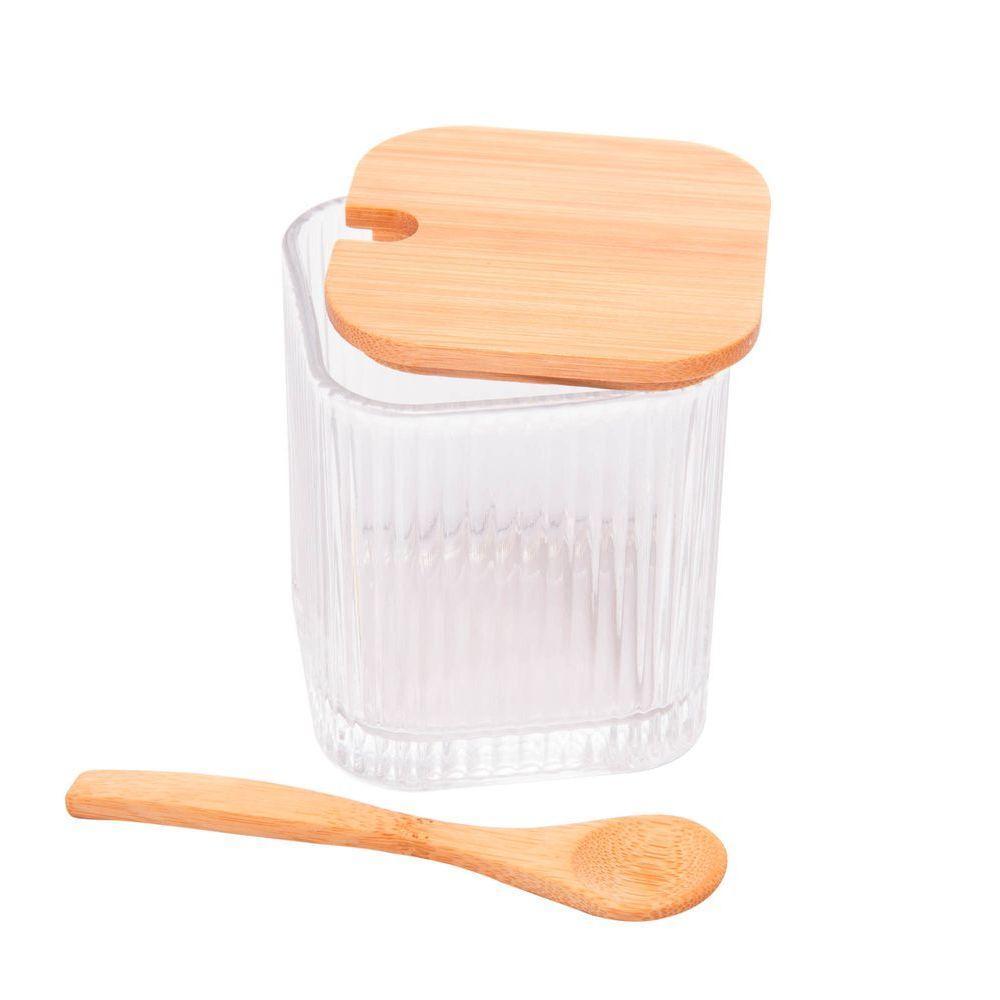 Porta Tempero De Vidro Canelado Com Colher E Tampa De Bambu - 5