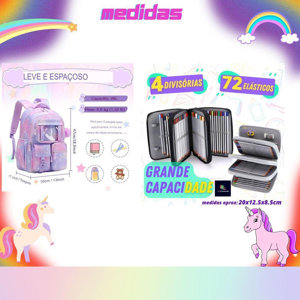 Kit Mochila Escolar Infantil Grande Capacidade Mais Estojo Escolar Grande Com 4 Compartimento rosa - 3