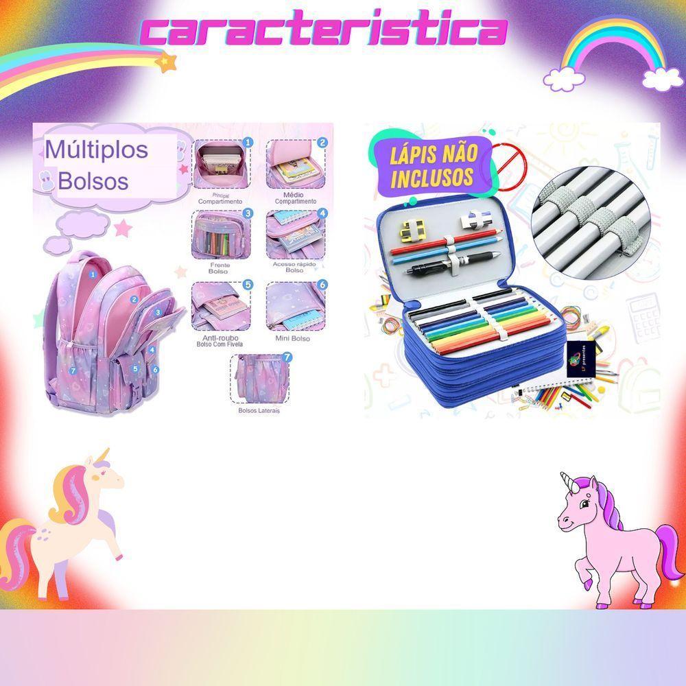 Kit Mochila Escolar Infantil Grande Capacidade Mais Estojo Escolar Grande Com 4 Compartimento rosa - 9