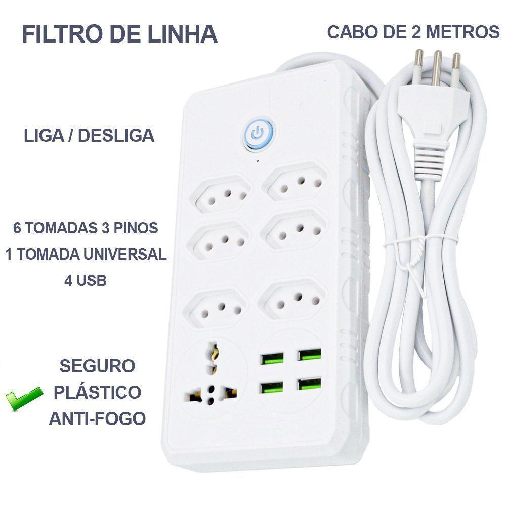 Filtro De Linha Régua Extensão Com 4 Tomadas 4 Usb Com Controle De Ligar E Desligar 2m 110-220 - 4