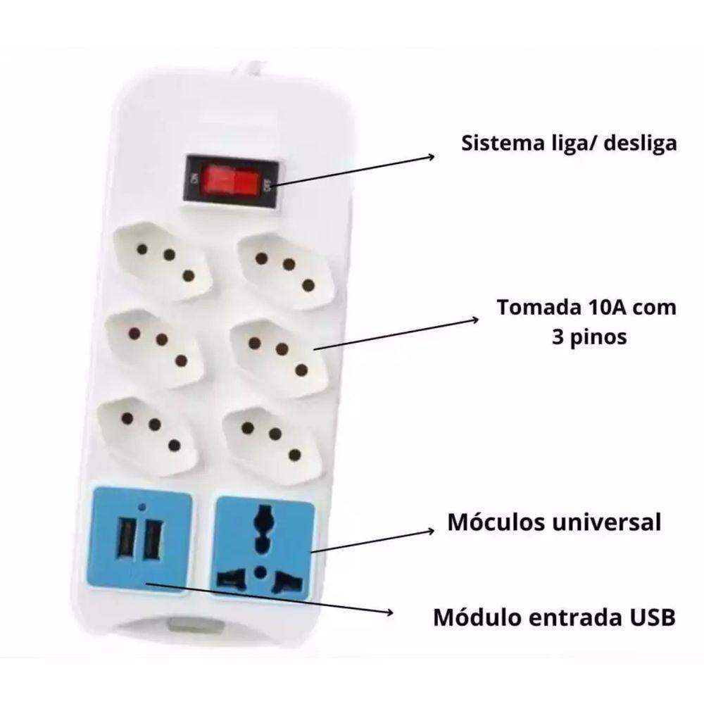 Extensão Filtro Linha 7 Tomadas Régua Bivolt 2 Usb Cabo 1,80m - 3
