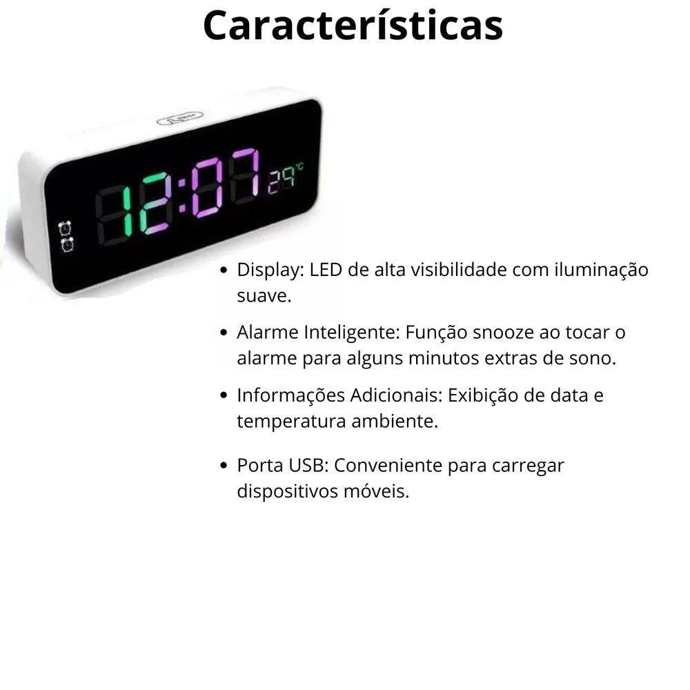 Relógio Led Clock Digital 5,7x16x2,5cm Para Mesa De Plástico Com Usb Alarme Com Brilho Alto Ou Baixo - 4