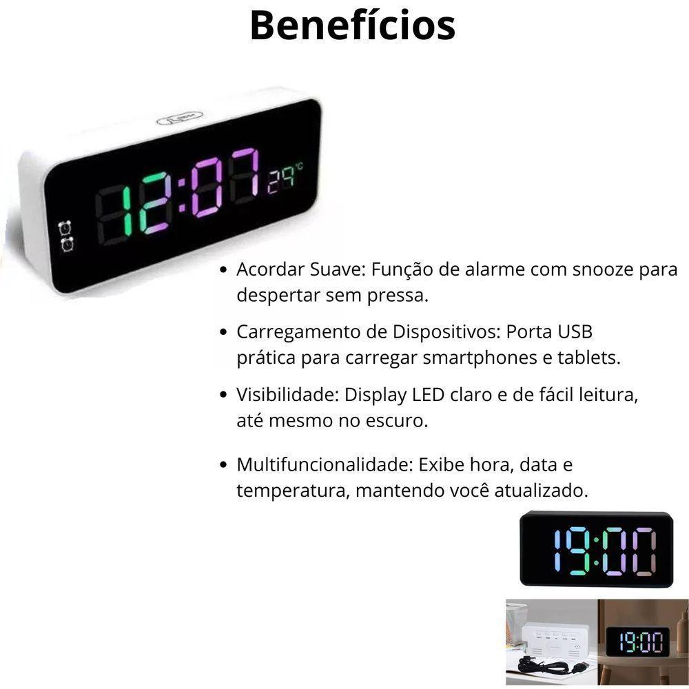 Relógio Led Clock Digital 5,7x16x2,5cm Para Mesa De Plástico Com Usb Alarme Com Brilho Alto Ou Baixo - 5