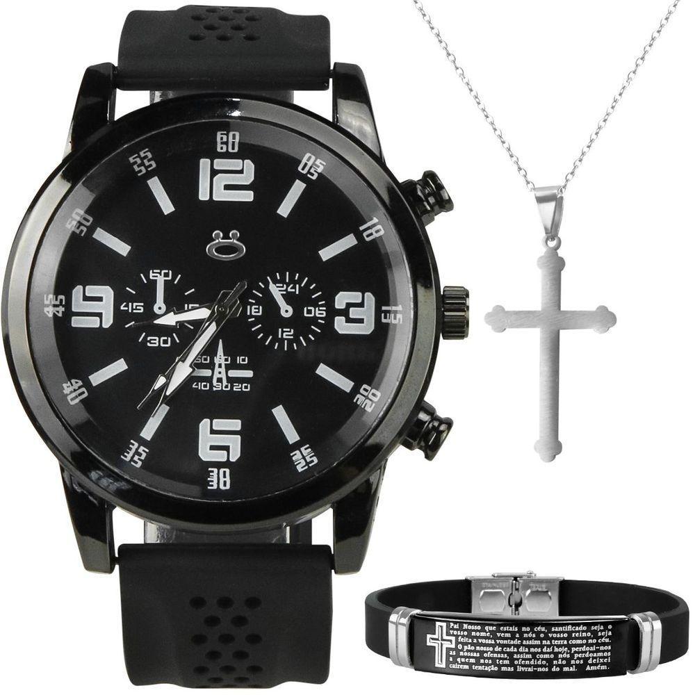 Relogio Masculino Aço Preto + Colar Crucifixo + Pulseira Prata Pesado Robusto Ajustavel Social - 1