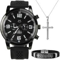 Relogio Masculino Aço Preto + Colar Crucifixo + Pulseira Prata Pesado Robusto Ajustavel Social - 1