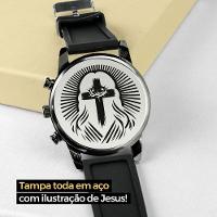 Relogio Masculino Aço Preto + Colar Crucifixo + Pulseira Prata Pesado Robusto Ajustavel Social