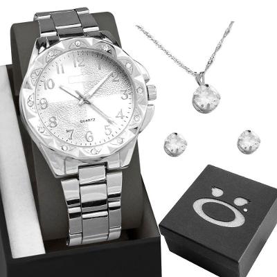 Relogio Aço Feminino Prata + Caixa + Brincos Colar Strass Social Original Inoxidável Ponteiro Casual