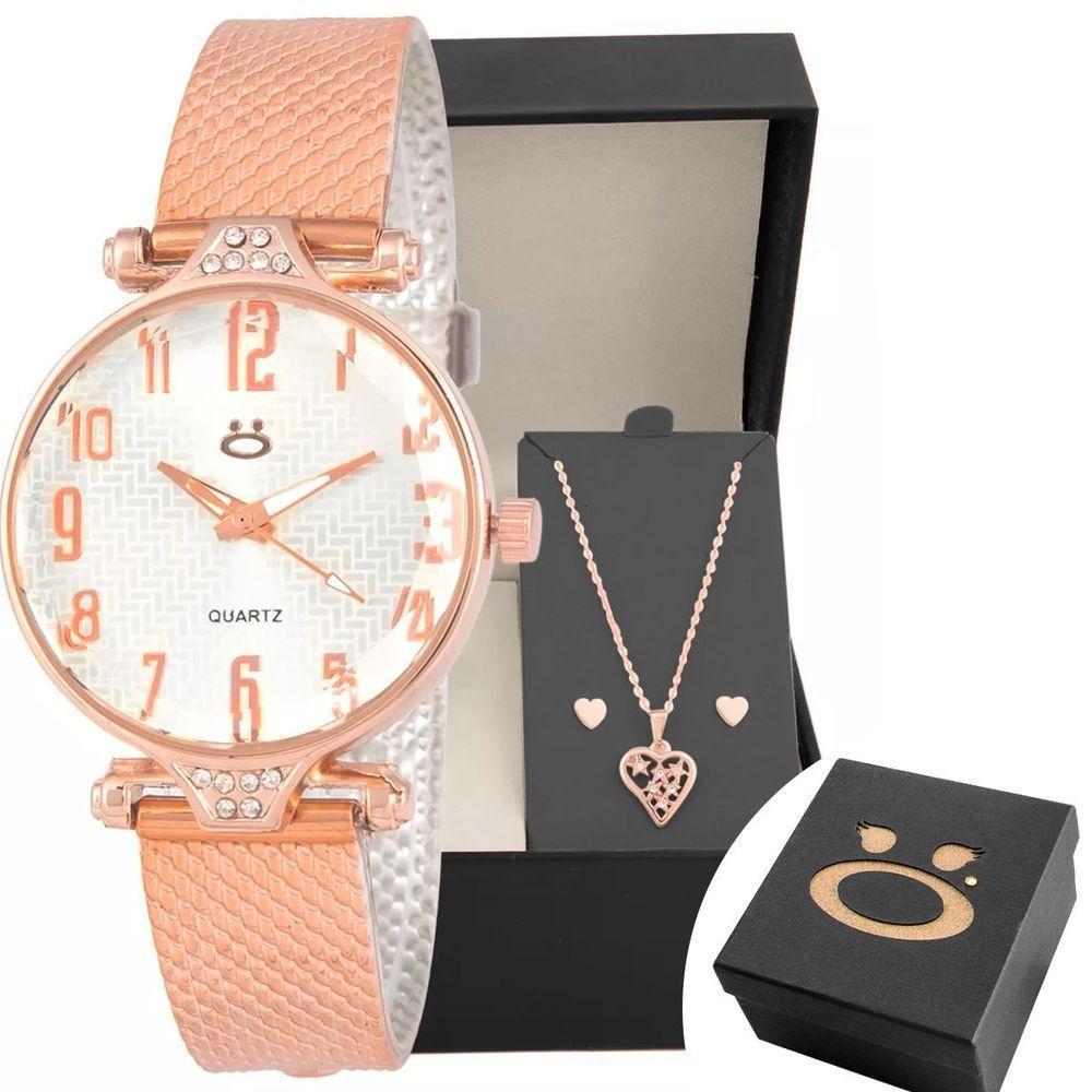 Relogio Feminino Rose Aço + Colar Brinco Coração + Caixa Banhado Inoxidável Social Presente Original - 1