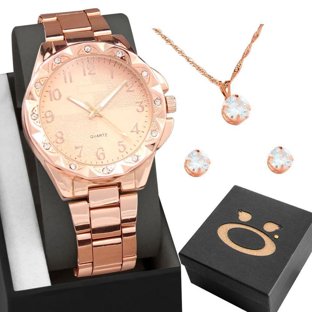 Relogio Feminino Aço Inox Rose + Colar Strass Brinco + Caixa Casual Ponteiro Social Inoxidável - 1