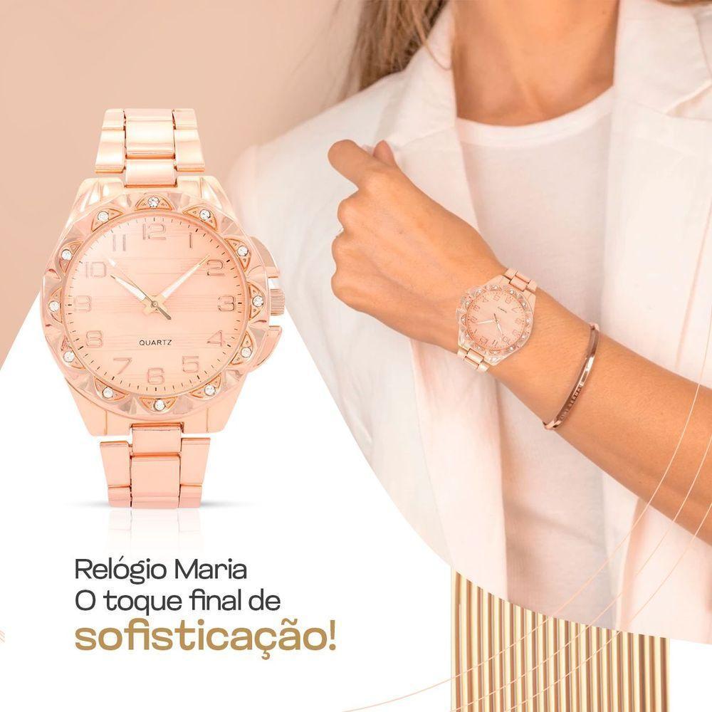Relogio Feminino Aço Inox Rose + Colar Strass Brinco + Caixa Casual Ponteiro Social Inoxidável - 2