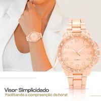 Relogio Feminino Aço Inox Rose + Colar Strass Brinco + Caixa Casual Ponteiro Social Inoxidável