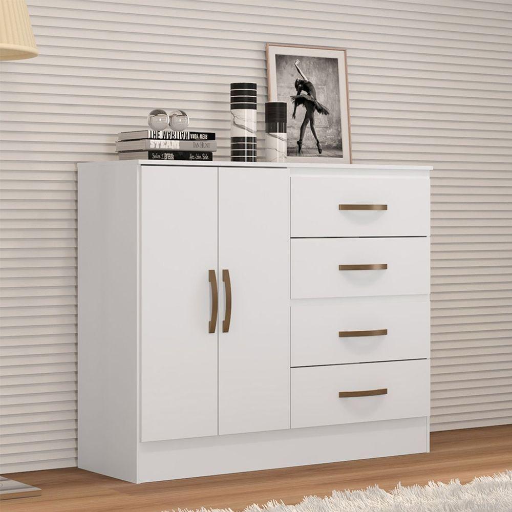 Cômoda Sapateira Para Quarto 2 Portas 4 Gavetas Lisa Branco - 1