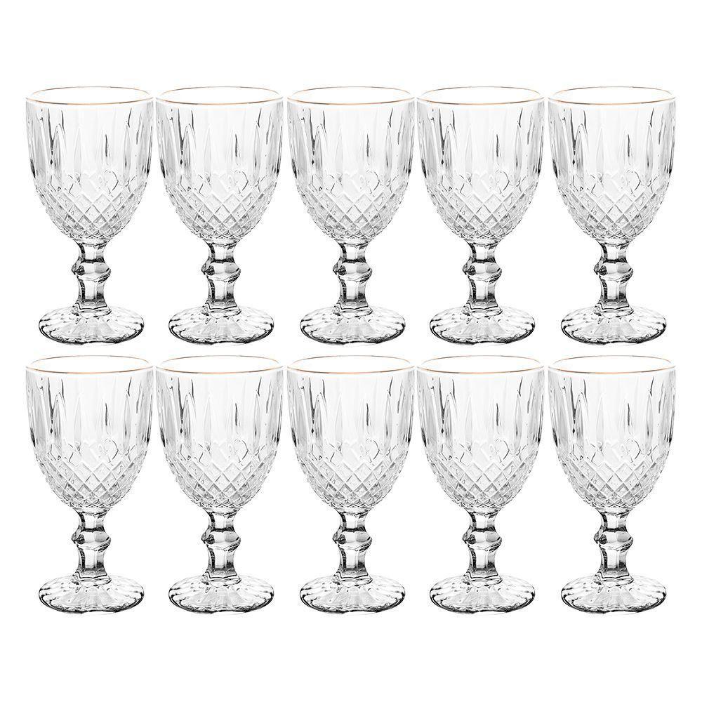 Jogo 10 Taça De Vidro Transparente Com Borda Dourada Fio De Ouro Greek 345ml Wolff - 1