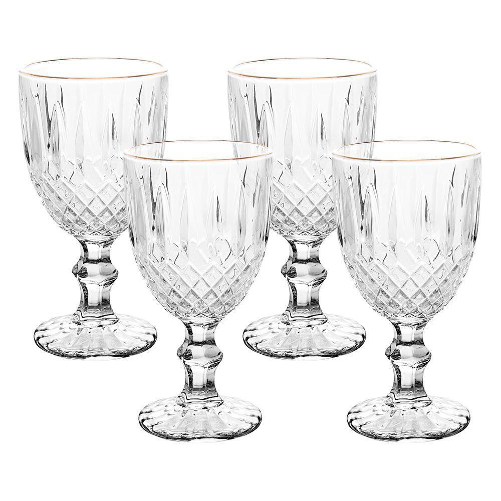 Jogo 4 Taça De Vidro Transparente Com Borda Dourada Fio De Ouro Greek 345ml Wolff - 1