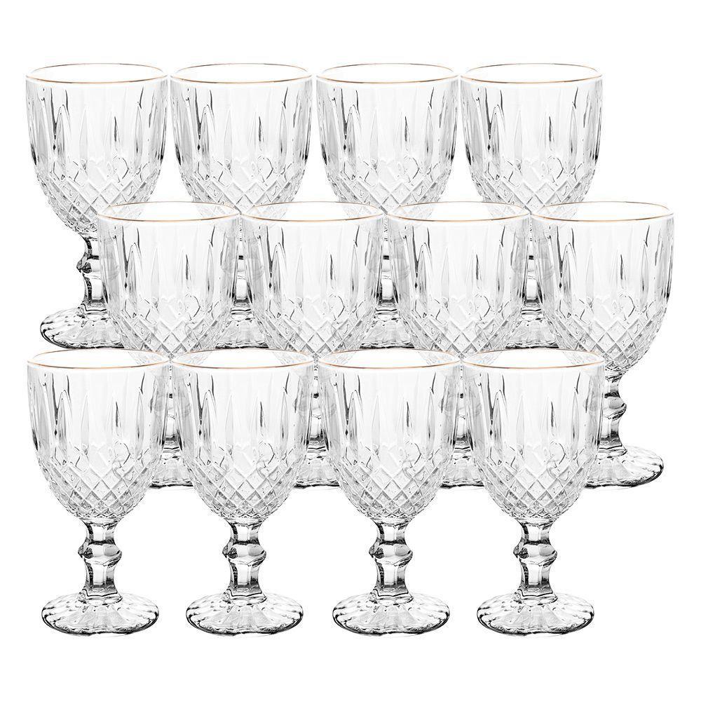 Jogo 12 Taça De Vidro Transparente Com Borda Dourada Fio De Ouro Greek 345ml Wolff - 1