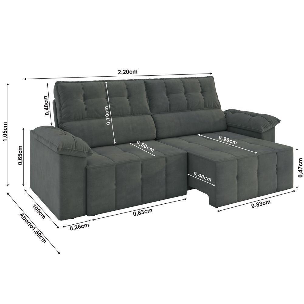 Sofá Retrátil E Reclinável 3 Lugares 2,20m Veludo Santorini Cinza Luizzi Cinza - 3