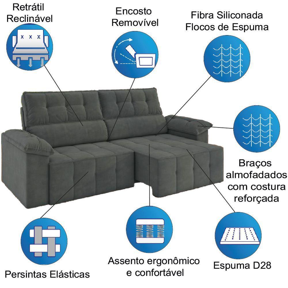 Sofá Retrátil E Reclinável 3 Lugares 2,20m Veludo Santorini Cinza Luizzi Cinza - 4