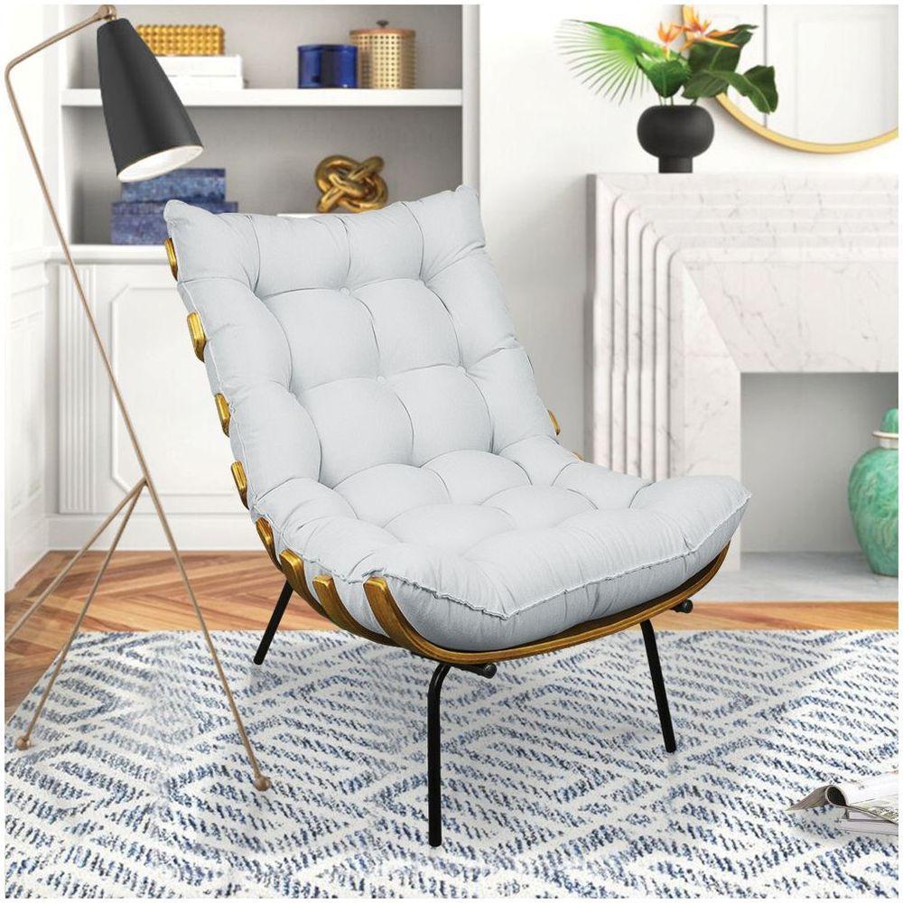 Kit 02 Poltronas Costela Linho Base De Metal - D'Rossi A05 Cinza Claro - 2