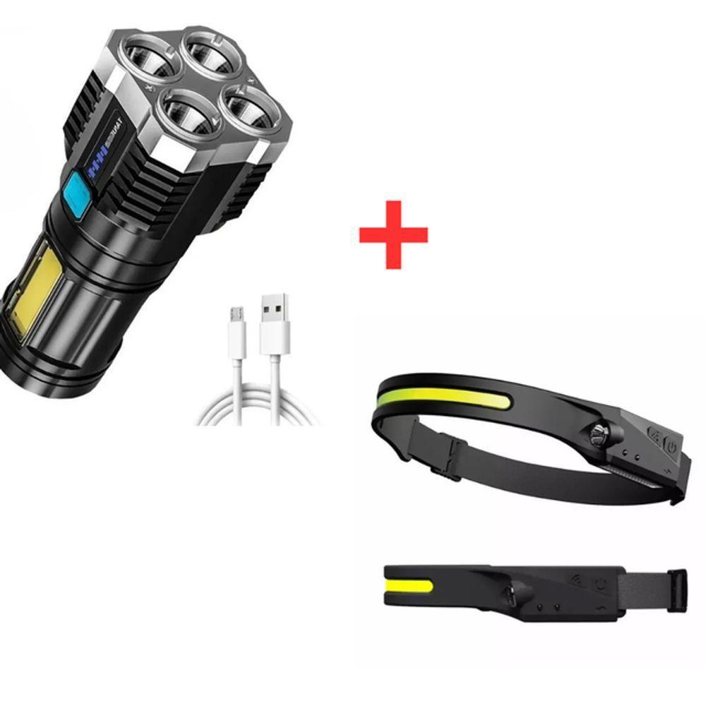 Kit Lanterna Tática Potente Alto Brilho + Lanterna Led De Cabeça Profissional Recarregável Preto - 1