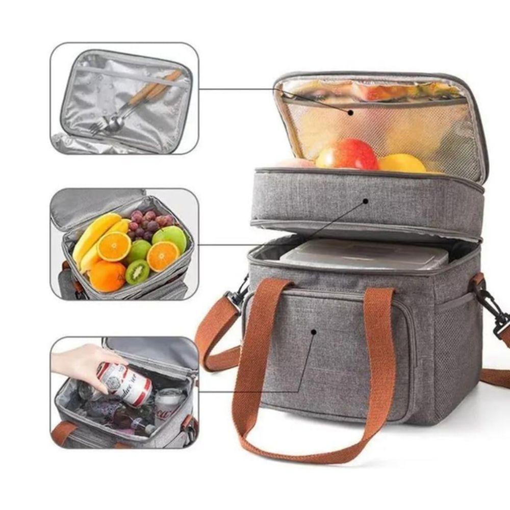 Bolsa Termica Marmita Lancheira Multiuso Alça Trabalho Passeio Academia Dois Compartimentos Preto - 4