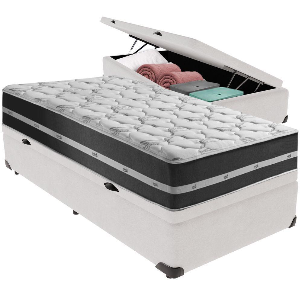 Cama Box Baú Branco E Colchão Classic Preto Molas Ensacadas Solteiro Anjos - 1