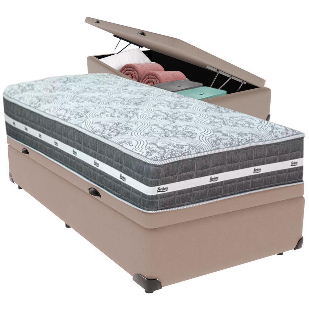 Cama Box Baú Bege E Colchão Black Graphite Molas Ensacadas Solteiro 88x188x27 Anjos - 1