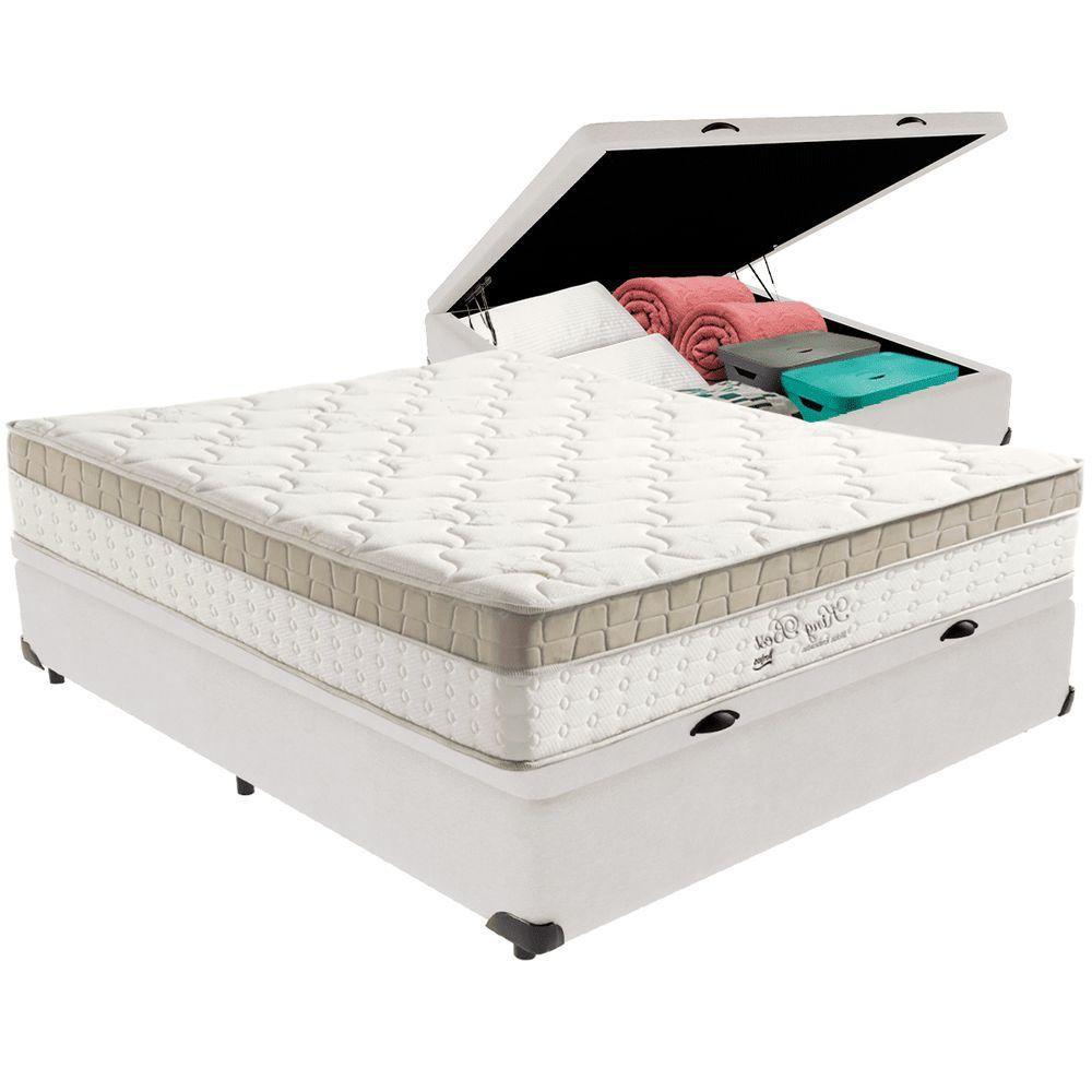 Cama Box Baú Branco E Colchão King Best Bege Molas Ensacadas Casal Anjos - 1