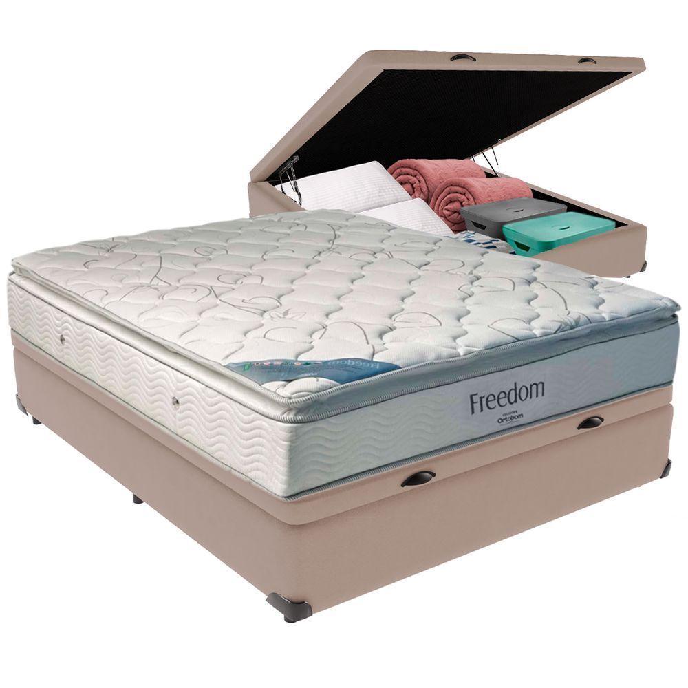 Cama Box Baú Bege E Colchão Freedom Molas Ensacadas Casal Ortobom - 1