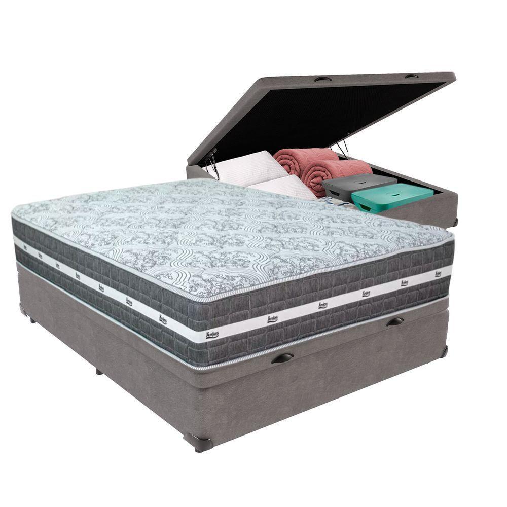 Cama Box Baú Cinza E Colchão Black Graphite Molas Ensacadas Casal 138x188x27 Anjos - 1