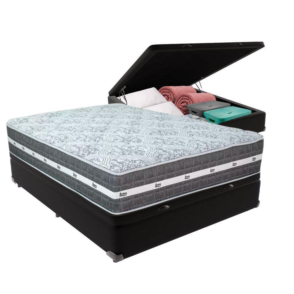 Cama Box Baú Preto E Colchão Black Graphite Molas Ensacadas Casal 138x188x27 Anjos - 1