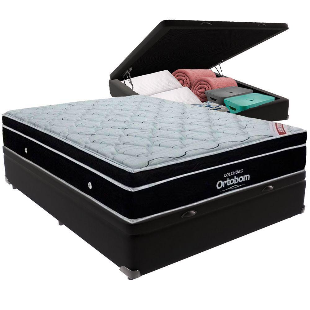 Cama Box Baú Preto E Colchão Elegant Molas Ensacadas Casal Ortobom - 1