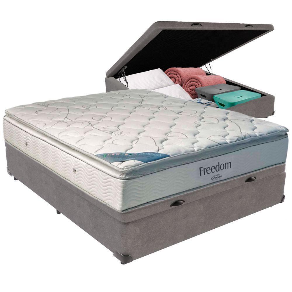 Cama Box Baú Cinza E Colchão Freedom Molas Ensacadas Casal Ortobom - 1