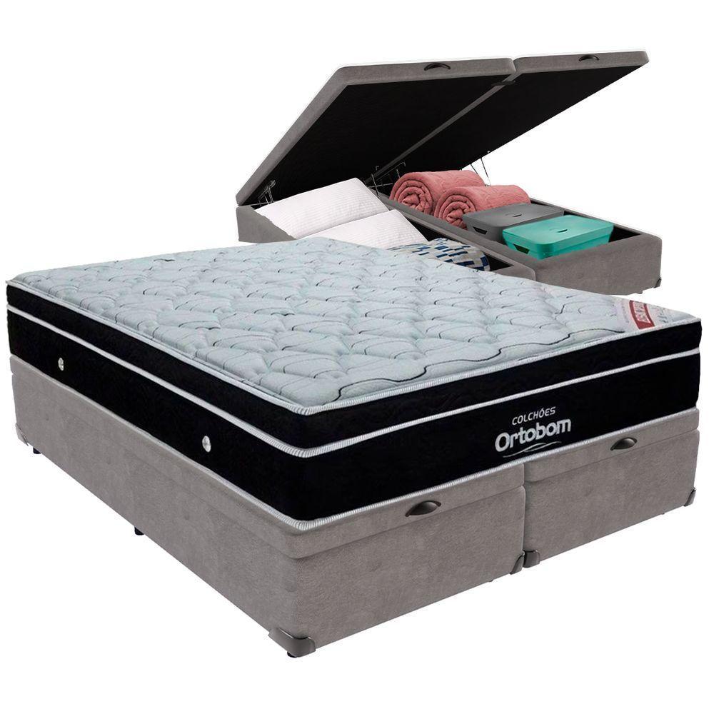 Cama Box Baú Cinza E Colchão Elegant Molas Ensacadas Queen Ortobom - 1