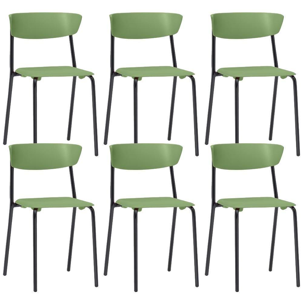 Kit 06 Cadeiras Empilhável Fixa Atom F02 Base Aço Preta Verde - Lyam Decor - 1